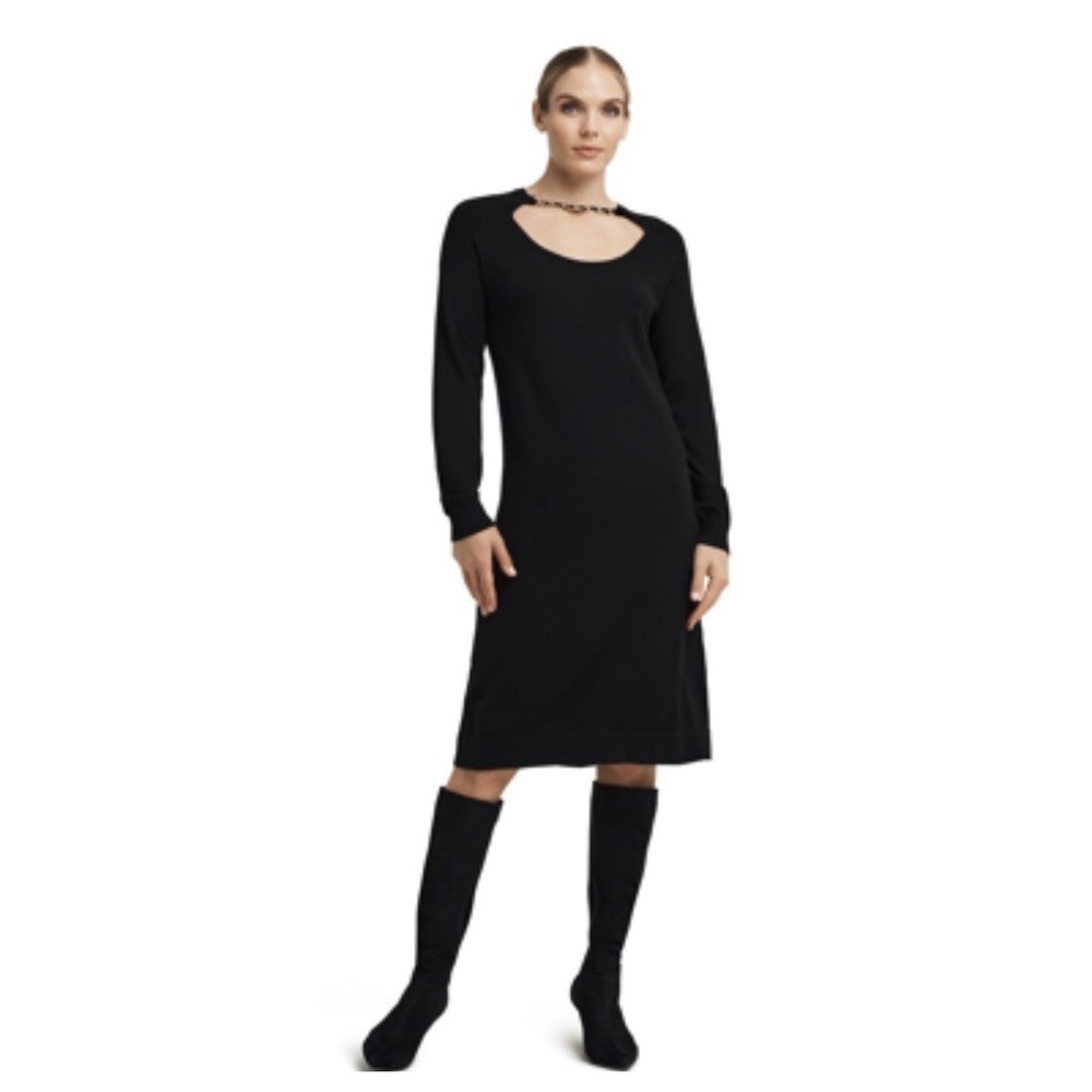 H HALSTON Women's XL Long Sleeve Scoop Neck Chain‎ Sweater Dress In Black NEW